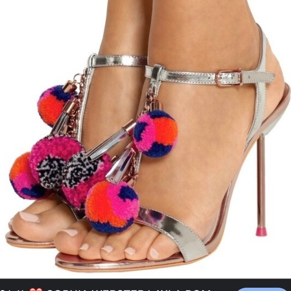 Sophia Webster Shoes - Sophia Webster LAYLA POM POM T-BAR.  Silver and Rose Gold Heels with Pom-Poms